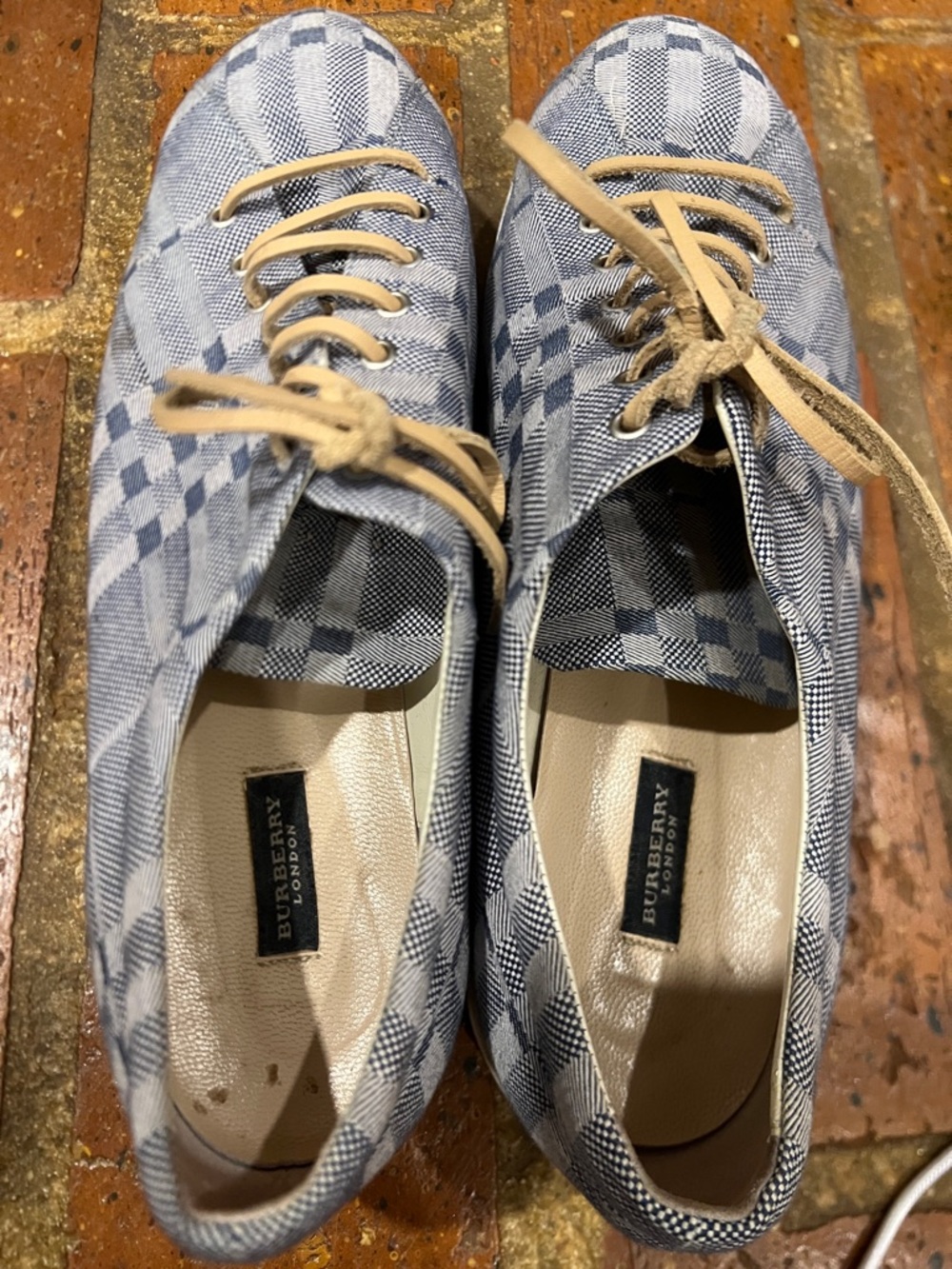 Burberry Unisex Blue Check Canvas Sneakers with Tan Laces - Picture 10 of 13